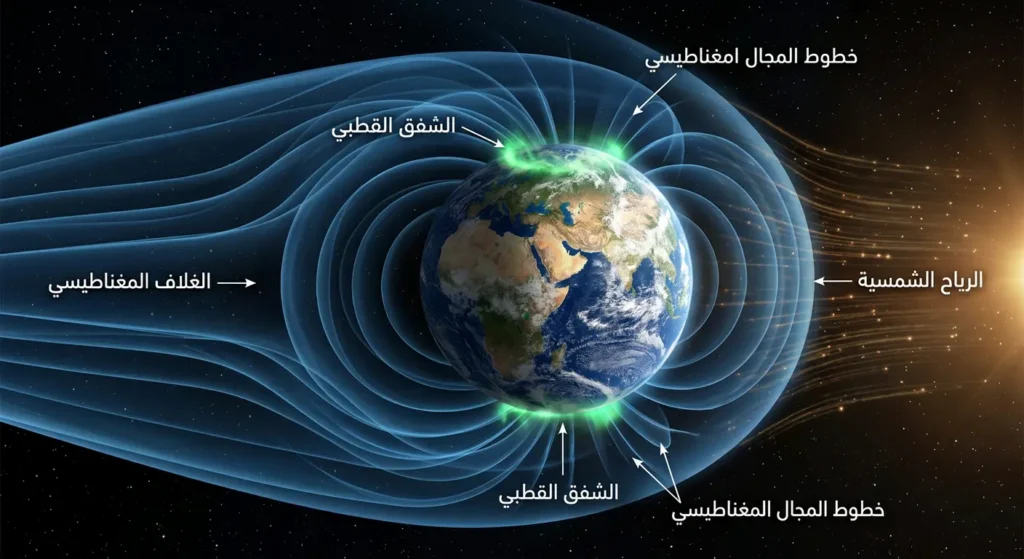 رسم توضيحي يُظهر المجال المغناطيسي للأرض والغلاف المغناطيسي وهو يصد الرياح الشمسية مع ظهور الشفق القطبي عند القطبين