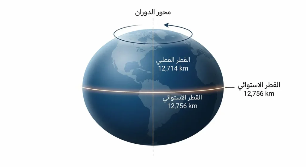 رسم توضيحي يُظهر شكل الأرض المفلطح مع تسمية القطر الاستوائي والقطر القطبي ومحور الدوران