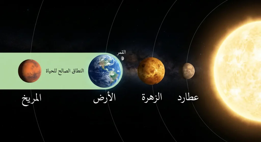 رسم توضيحي يُظهر موقع كوكب الأرض ضمن الكواكب الصخرية الأربعة في المجموعة الشمسية مع تحديد النطاق الصالح للحياة