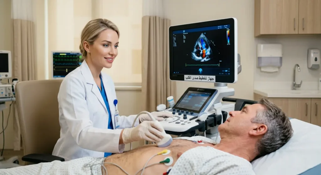  طبيبة قلب تجري فحص إيكو القلب لمريض باستخدام جهاز تخطيط صدى القلب