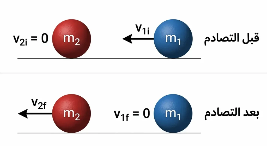 رسم توضيحي لتصادم مرن في بُعد واحد يُظهر حالة الكرتين قبل التصادم وبعده مع الرموز الفيزيائية للكتلة والسرعة