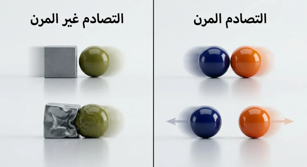 مقارنة بصرية بين التصادم المرن حيث ترتد الكرتان دون تشوه والتصادم غير المرن حيث يتشوه الجسمان ويلتصقان
