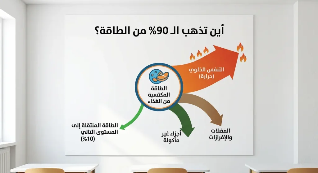 مخطط يوضح مسارات فقدان الطاقة في الكائن المستهلك عبر التنفس الخلوي والفضلات والأجزاء غير المأكولة مع بقاء 10% فقط تنتقل إلى المستوى التالي