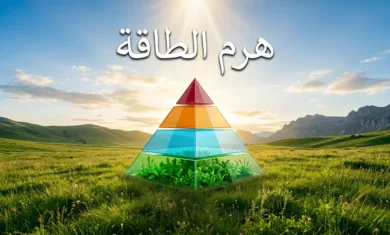 غلاف مقال هرم الطاقة يُظهر هرماً بيئياً شفافاً بأربع طبقات ملونة متدرجة وسط منظر طبيعي أخضر مع أشعة الشمس