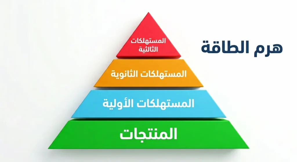 رسم بياني لهرم الطاقة يُظهر أربع طبقات متدرجة من الأعرض إلى الأضيق: المنتجات ثم المستهلكات الأولية ثم الثانوية ثم الثالثية