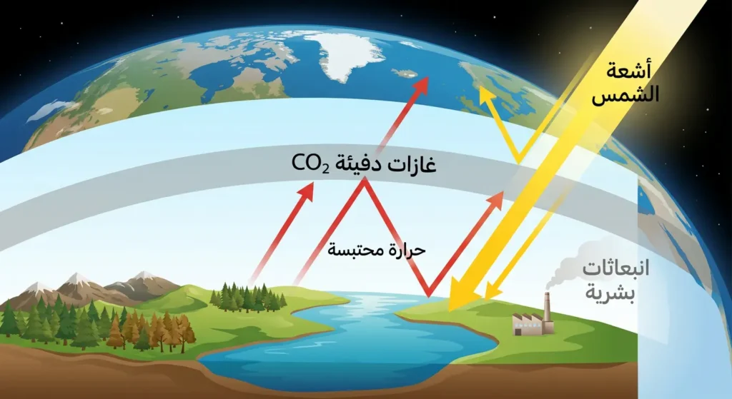 رسم توضيحي يوضح آلية الاحتباس الحراري المعزز حيث تحبس غازات CO₂ الناتجة عن الانبعاثات البشرية الحرارة المنعكسة من سطح الأرض