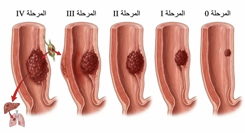 رسم توضيحي يُظهر المراحل الخمس لسرطان المريء من المرحلة الصفرية إلى المرحلة الرابعة