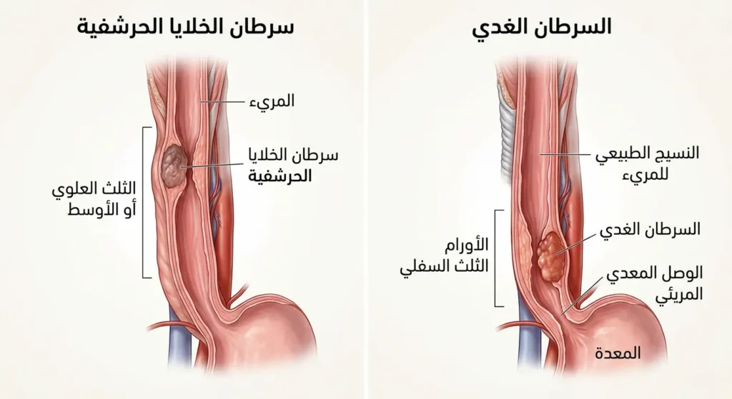 مقارنة توضيحية بين السرطان الغدي في الثلث السفلي من المريء وسرطان الخلايا الحرشفية في الثلث العلوي والأوسط