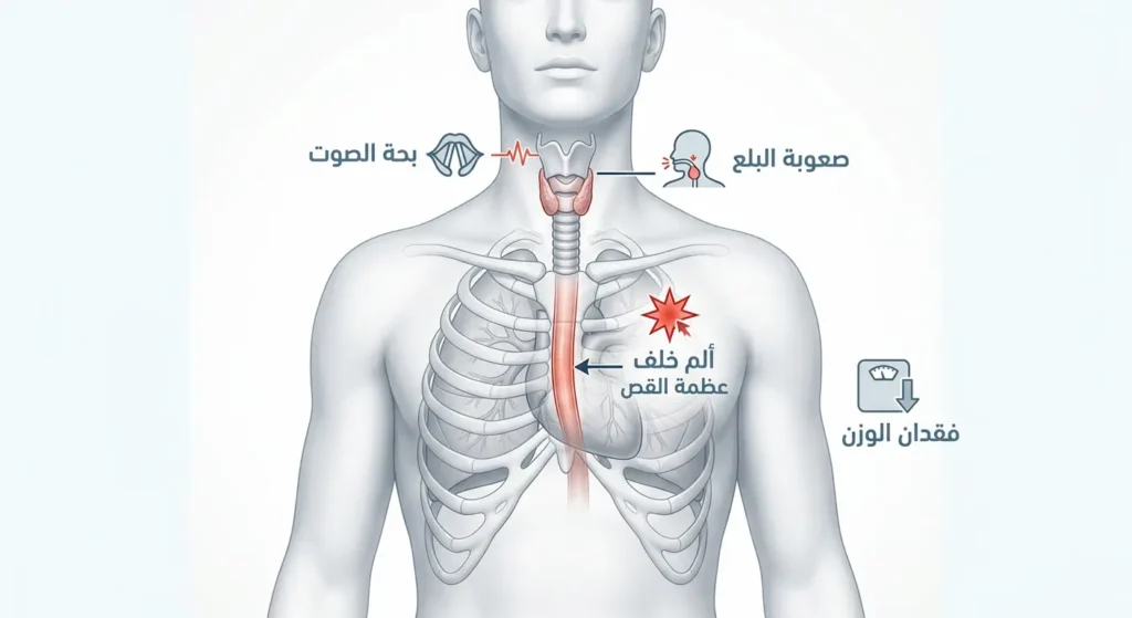 رسم توضيحي يُظهر الأعراض الرئيسية لسرطان المريء: صعوبة البلع وألم الصدر وفقدان الوزن وبحة الصوت