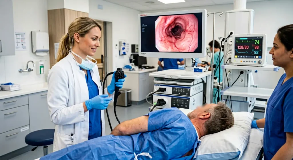 طبيبة تُجري تنظيراً داخلياً للمريء مع ظهور شاشة جهاز التنظير
