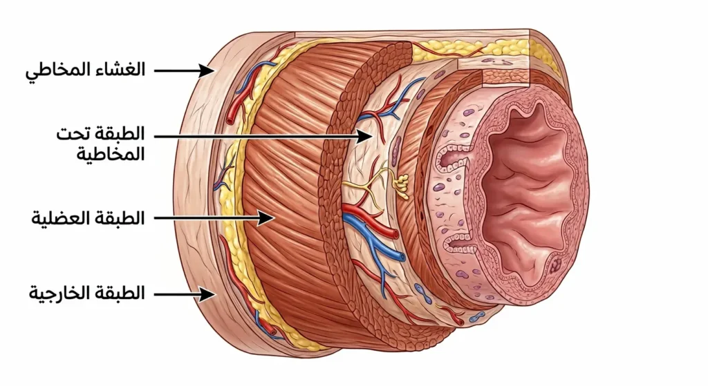  مقطع عرضي تشريحي يوضح طبقات جدار المريء الأربع: الغشاء المخاطي والطبقة تحت المخاطية والطبقة العضلية والطبقة الخارجية