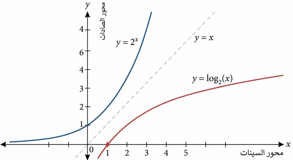 رسم بياني يوضح تناظر منحنى التابع الأسي y = 2^x ومنحنى التابع اللوغاريتمي y = log₂(x) حول المستقيم y = x