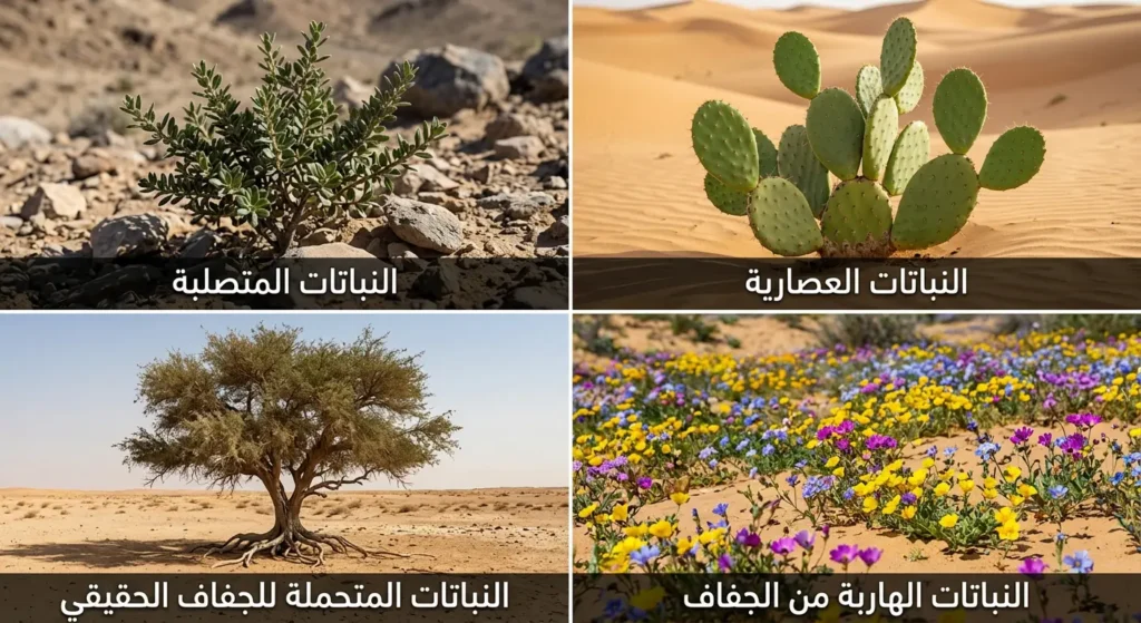 تصنيف رباعي واقعي للنباتات الصحراوية يشمل النباتات العصارية والمتصلبة والهاربة من الجفاف والمتحملة للجفاف الحقيقي
