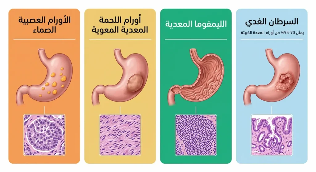رسم توضيحي يُظهر الأنواع الأربعة الرئيسية لأورام المعدة: السرطان الغدي والليمفوما وأورام اللحمة والأورام العصبية الصماء