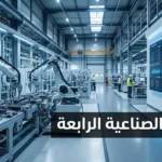 غلاف مقالة الثورة الصناعية الرابعة يُظهر مصنعاً ذكياً حديثاً مع أذرع روبوتية وشاشات بيانات رقمية