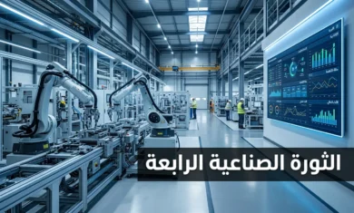 غلاف مقالة الثورة الصناعية الرابعة يُظهر مصنعاً ذكياً حديثاً مع أذرع روبوتية وشاشات بيانات رقمية