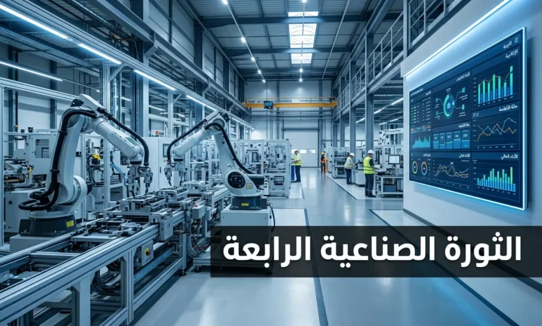 غلاف مقالة الثورة الصناعية الرابعة يُظهر مصنعاً ذكياً حديثاً مع أذرع روبوتية وشاشات بيانات رقمية
