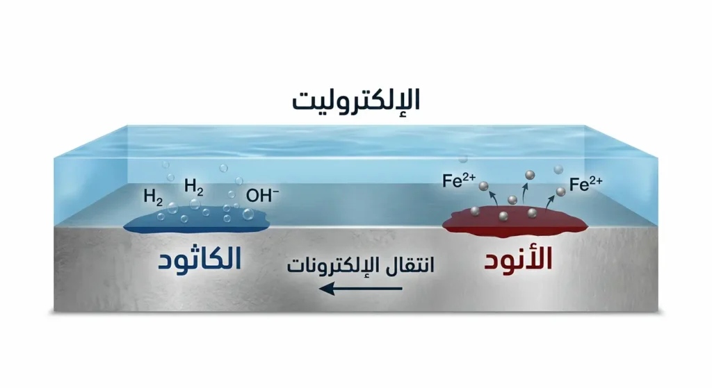 رسم توضيحي لمقطع جانبي يُظهر الخلية الجلفانية المصغّرة على سطح معدن مع مناطق الأنود والكاثود والإلكتروليت