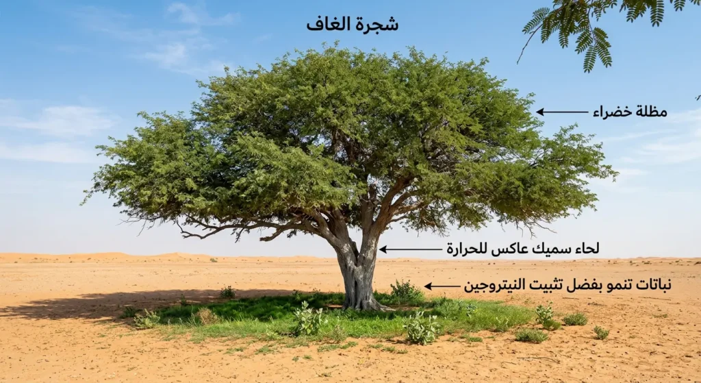 صورة واقعية لشجرة غاف ضخمة في الصحراء العربية توفر ظلاً واسعاً تنمو تحته نباتات خضراء بفضل تثبيت النيتروجين