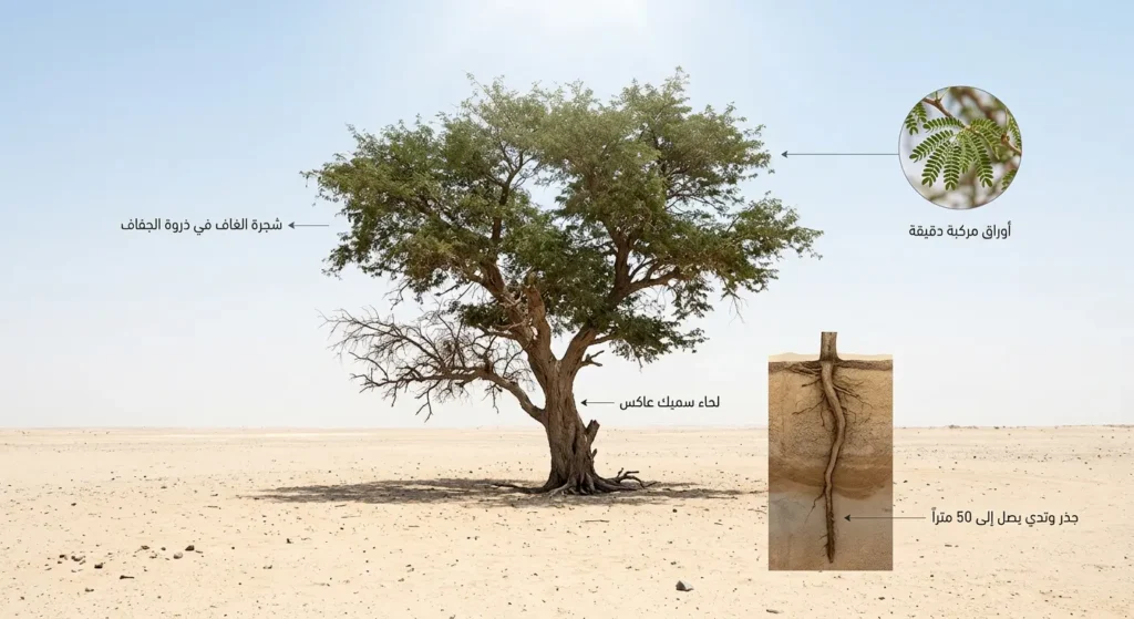  صورة واقعية لشجرة غاف وحيدة صامدة في صحراء قاحلة شديدة الحرارة تُظهر جذرها الوتدي العميق وأوراقها المركبة الدقيقة ولحائها السميك العاكس