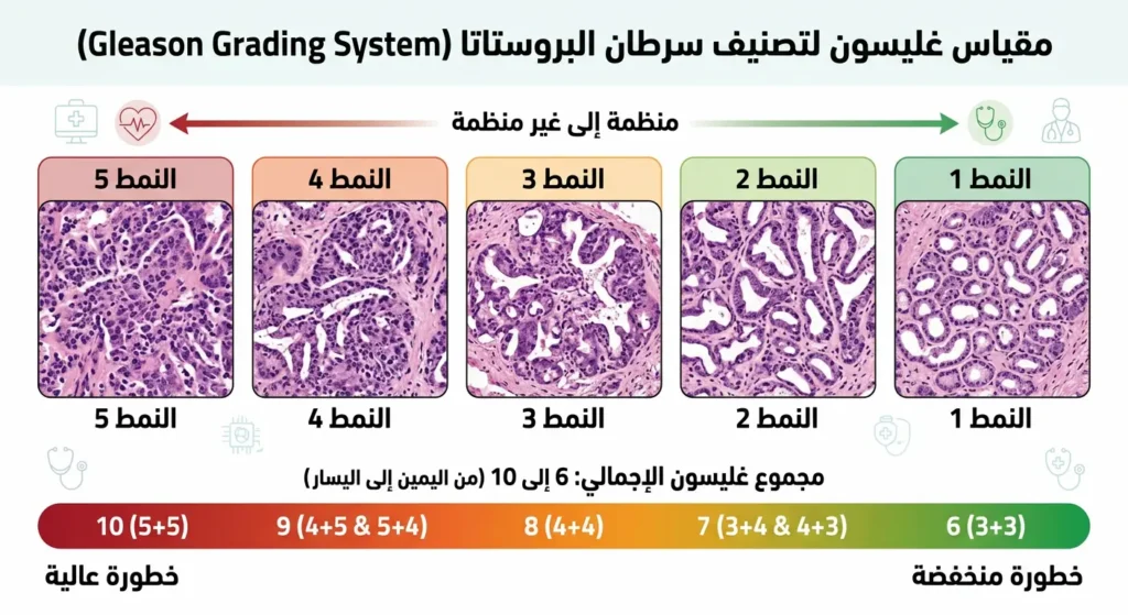 رسم توضيحي لمقياس غليسون يُظهر أنماط الخلايا من 1 إلى 5 ودرجات الخطورة