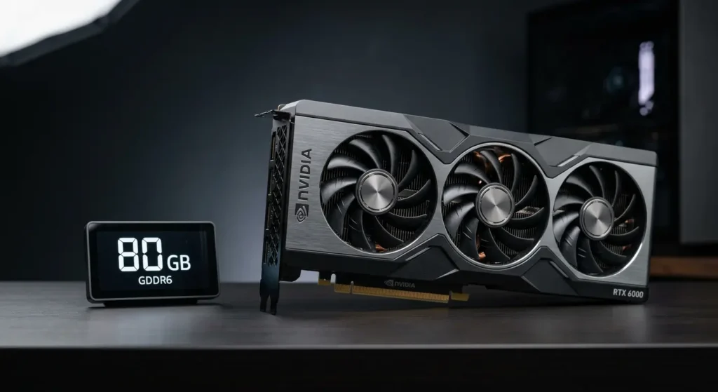 صورة واقعية لبطاقة رسوميات NVIDIA احترافية مستخدمة في تشغيل نماذج اللغة الكبيرة مفتوحة المصدر