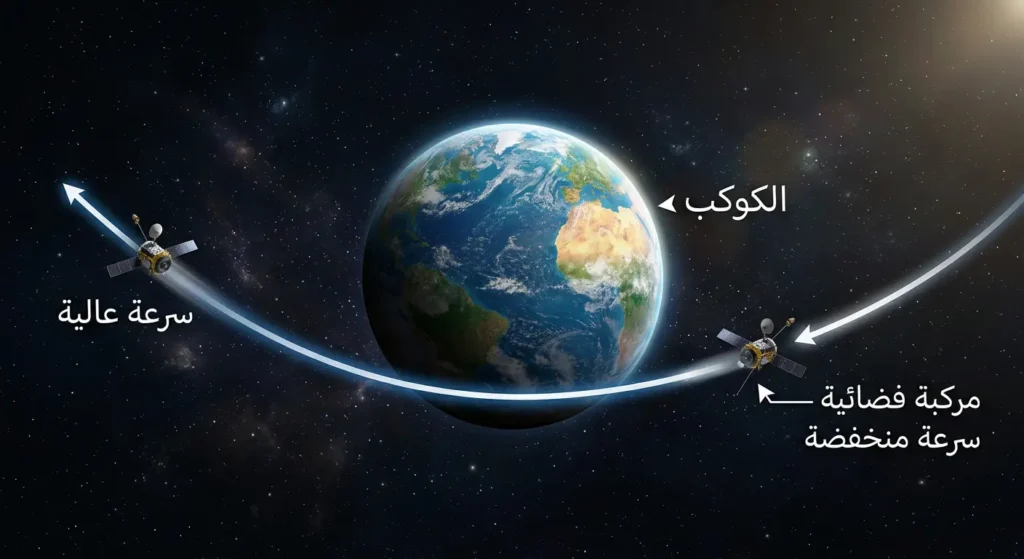 رسم توضيحي لمناورة المساعدة الجاذبية حيث تكتسب المركبة الفضائية سرعة إضافية بالمرور قرب كوكب ضخم