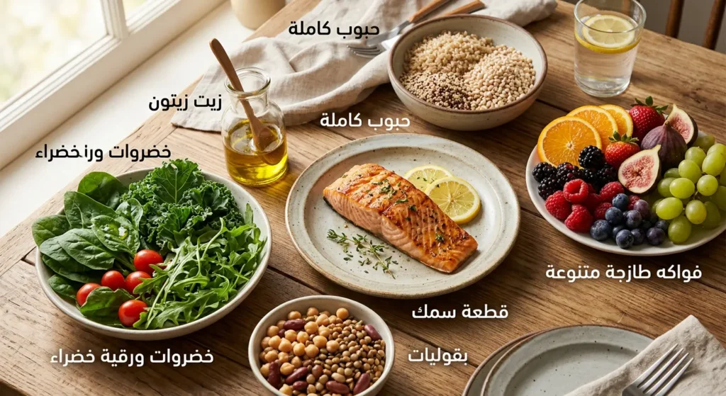 مجموعة من الأطعمة الصحية الغنية بالألياف كالخضروات والبقوليات والحبوب الكاملة المفيدة للوقاية من سرطان القولون