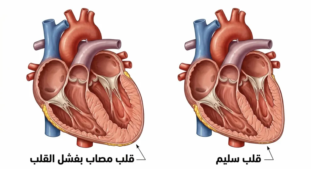  رسم توضيحي يقارن بين قلب سليم طبيعي الحجم وقلب متضخم مصاب بفشل القلب الاحتقاني