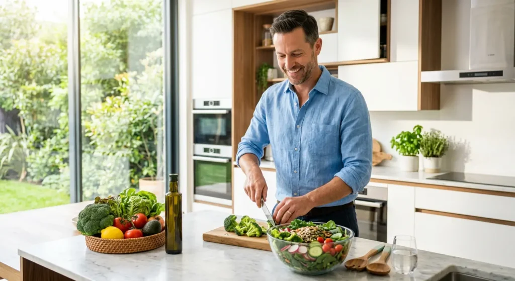 شخص يحضر طعاماً صحياً غنياً بالألياف للوقاية من الأمراض.