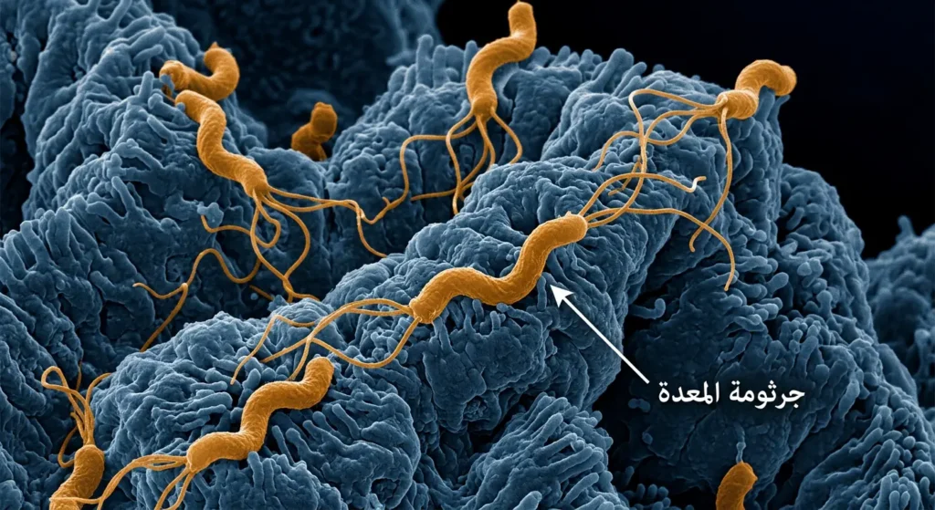 صورة مجهرية توضيحية لجرثومة المعدة الحلزونية الملتصقة ببطانة المعدة