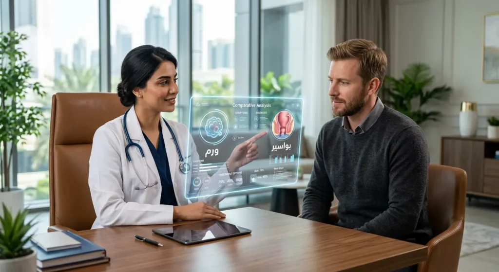 طبيبة تشرح لمريض الفرق بين أعراض البواسير وأعراض سرطان الشرج في العيادة.