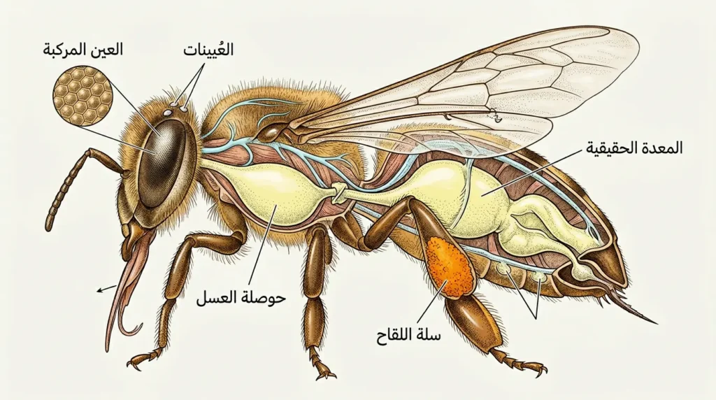 رسم توضيحي علمي لتشريح جسد نحلة العسل يُظهر المقطع الجانبي مع العين المركبة وحوصلة العسل والمعدة الحقيقية وسلة اللقاح