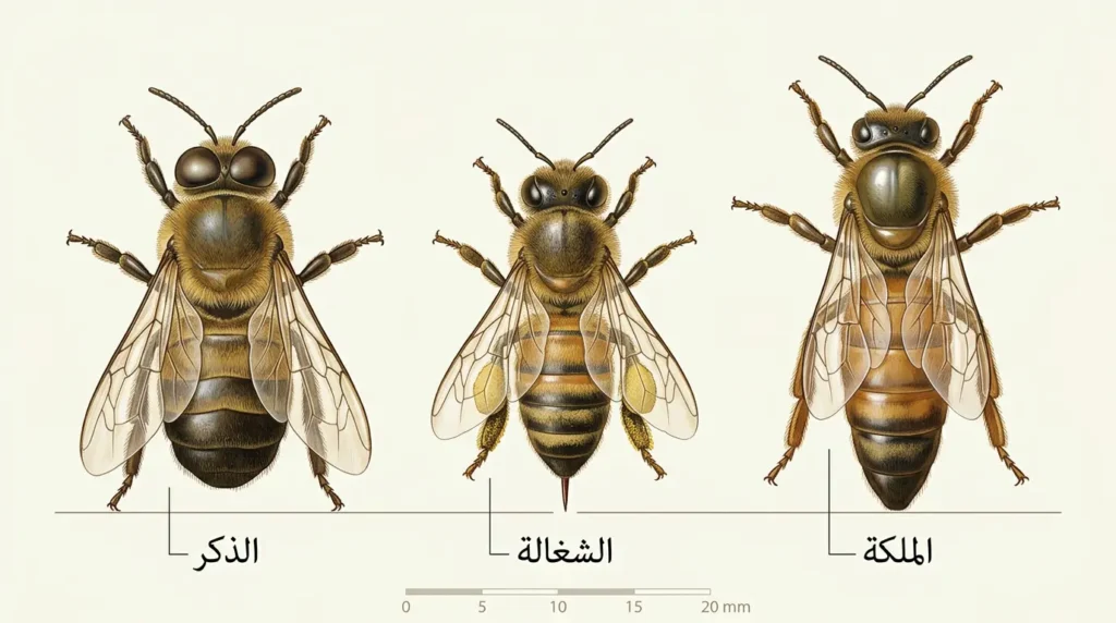 رسم علمي مقارن يُظهر الفرق في الحجم والبنية بين ملكة النحل والشغالة والذكر مع توضيح الخصائص التشريحية المميزة لكل فرد