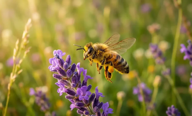 نحلة عسل تطير نحو زهرة خُزامى بنفسجية وعلى أرجلها الخلفية حبوب لقاح صفراء في ضوء شمس ذهبي دافئ