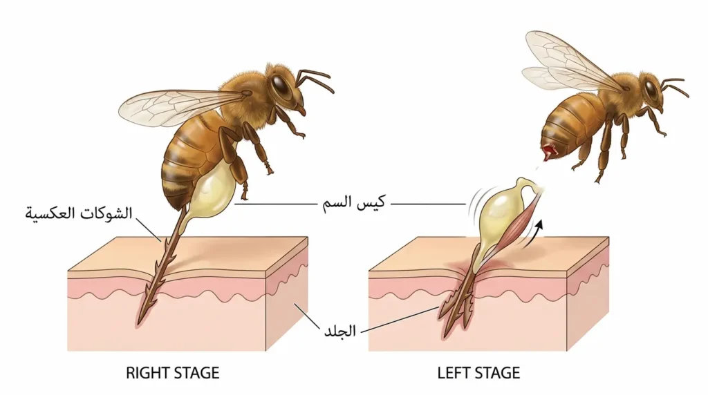 رسم علمي يوضح مرحلتي لسع نحلة العسل: غرس الإبرة المسننة في الجلد ثم انفصال جهاز اللسع مع كيس السم عن جسم النحلة