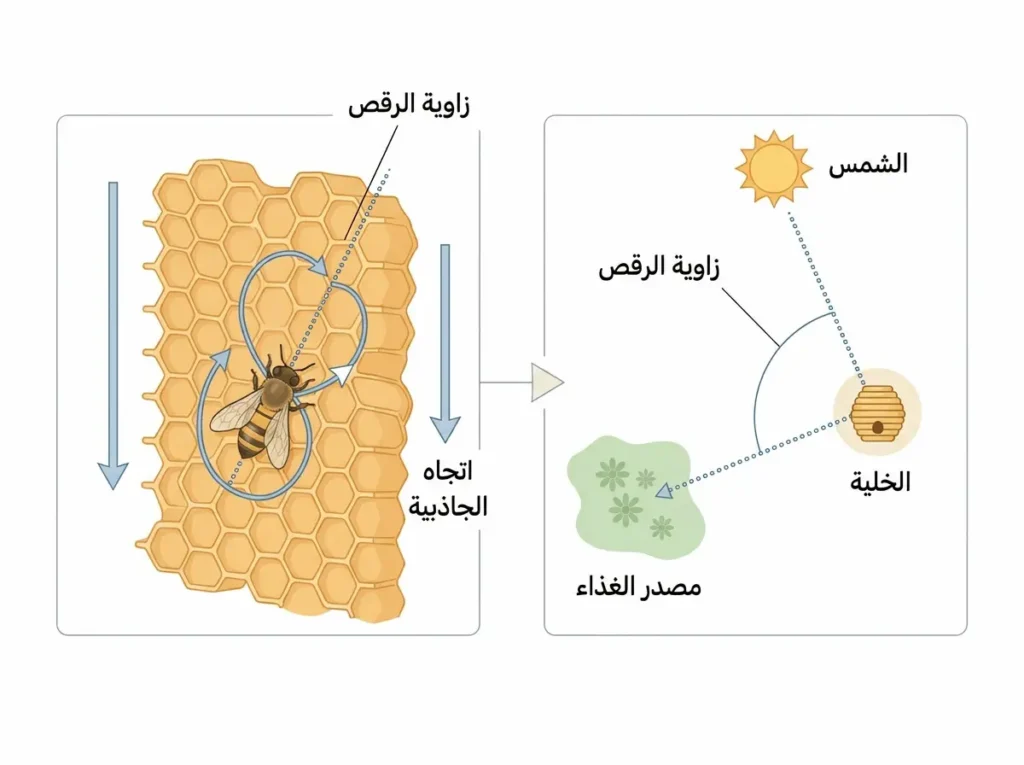 إنفوجرافيك علمي يوضح آلية الرقص الاهتزازي عند النحل وكيفية ترميز زاوية اتجاه مصدر الغذاء بالنسبة للشمس على سطح القرص الشمعي