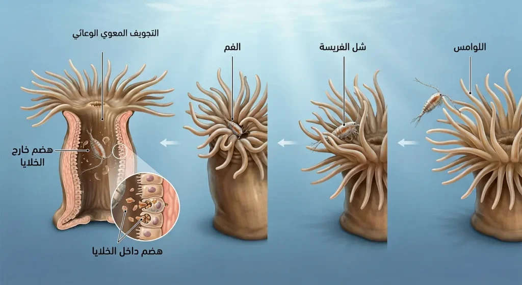 مخطط واقعي يوضح كيف تلتقط اللاسعات الفريسة بلوامسها ثم تنقلها إلى الفم ليبدأ الهضم داخل التجويف المعوي الوعائي