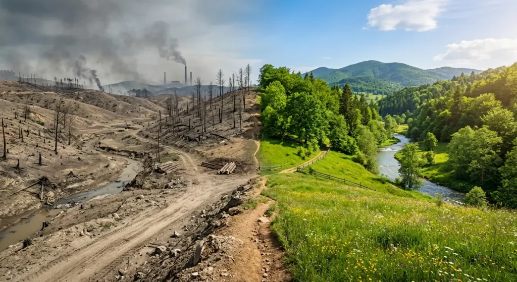 صورة واقعية مقسومة إلى نصفين تُظهر بيئة طبيعية سليمة بأشجار خضراء على اليمين مقابل بيئة متدهورة بأشجار جرداء وتربة جافة على اليسار