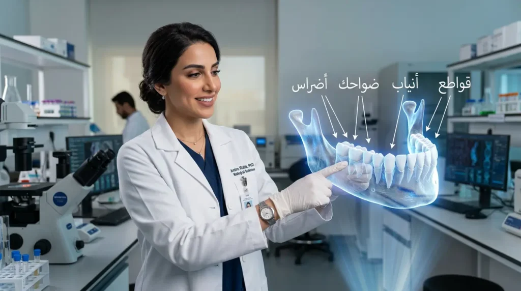 عالمة تشريح تشرح أنواع الأسنان البشرية القواطع والأنياب والضواحك والأضراس.