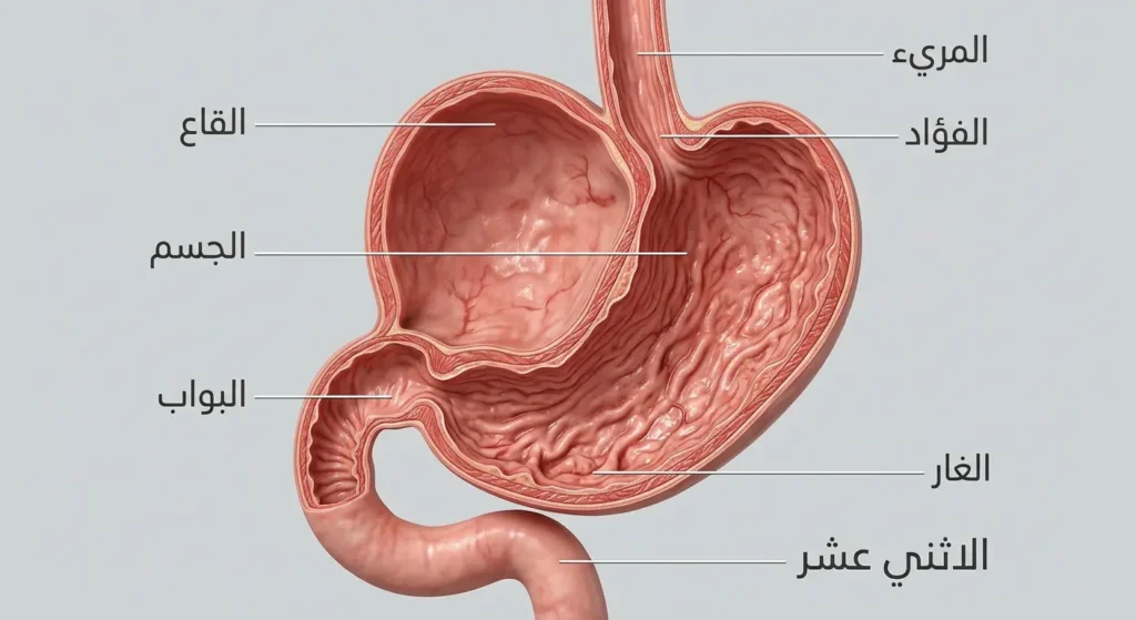  رسم تشريحي للمعدة البشرية يوضح أجزاءها الخمسة: الفؤاد والقاع والجسم والغار والبواب