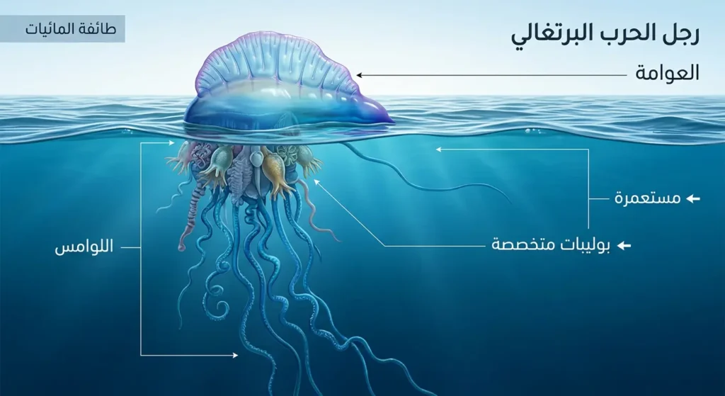 رجل الحرب البرتغالي يطفو على سطح البحر مع توضيح العوامة واللوامس وكونه مستعمرة من بوليبات متخصصة
