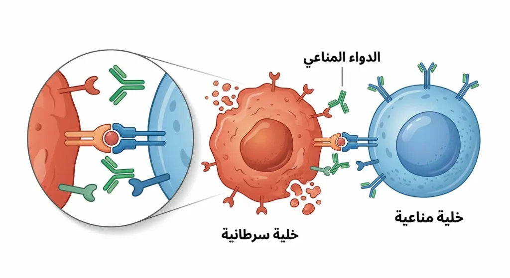 رسم توضيحي يُظهر آلية عمل العلاج المناعي في مهاجمة الخلايا السرطانية