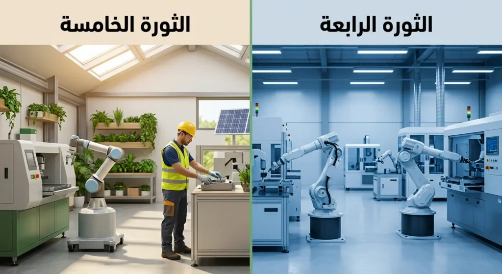 صورة واقعية تُقارن بين الثورة الصناعية الرابعة والخامسة مع إبراز التعاون بين الإنسان والروبوت والاستدامة البيئية