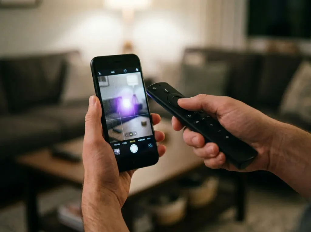 يد تحمل ريموت تلفاز موجهاً نحو كاميرا هاتف ذكي تُظهر وميضاً أرجوانياً من مصباح الأشعة تحت الحمراء غير المرئي للعين المجردة