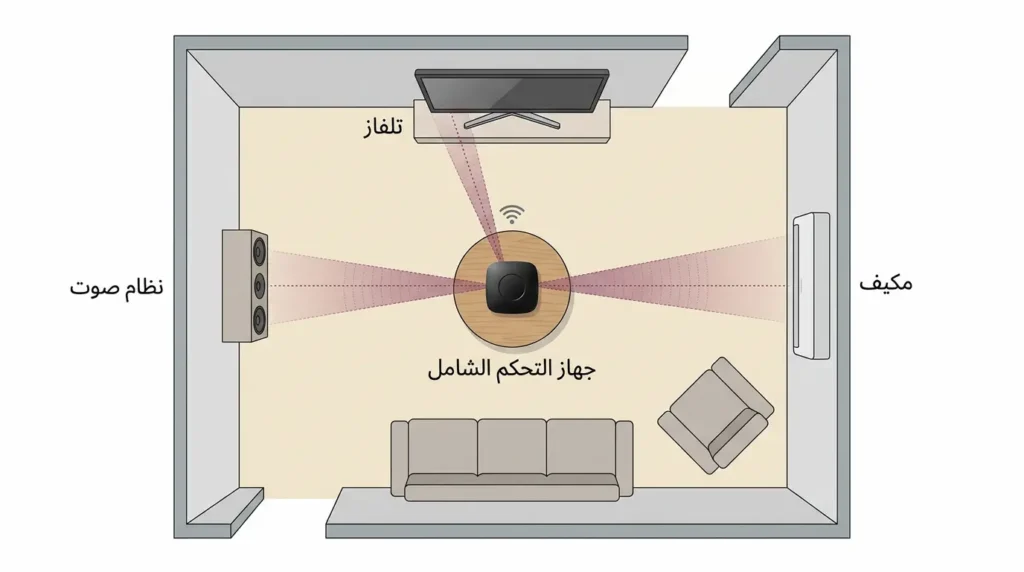 رسم توضيحي علوي لغرفة معيشة يُظهر جهاز IR Blaster في المركز يُرسل إشارات الأشعة تحت الحمراء إلى المكيف والتلفاز ونظام الصوت