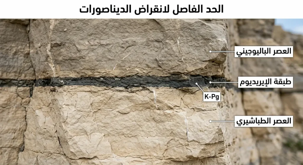 مقطع صخري يُظهر طبقة الإيريديوم الرقيقة الداكنة المحصورة بين صخور العصر الطباشيري في الأسفل والعصر الباليوجيني في الأعلى عند الحد الفاصل لانقراض الديناصورات
