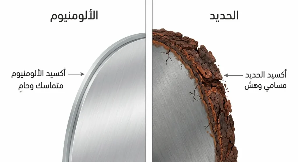 مقارنة توضيحية بين طبقة أكسيد الحديد المسامية الهشة وطبقة أكسيد الألومنيوم المتماسكة الحامية