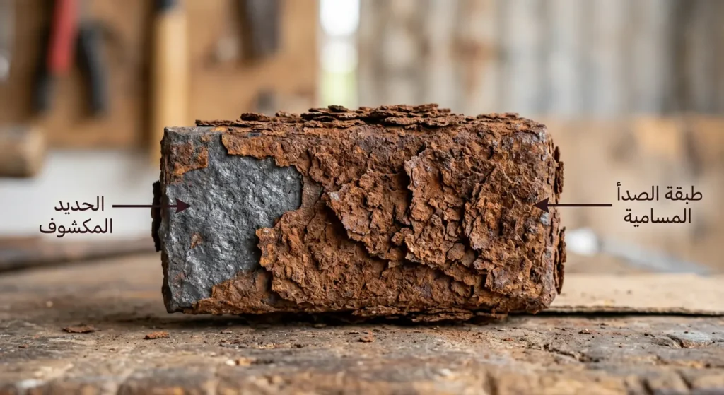 صورة مقرّبة لقطعة حديدية تُظهر طبقة الصدأ المسامية المتقشرة والحديد المكشوف تحتها