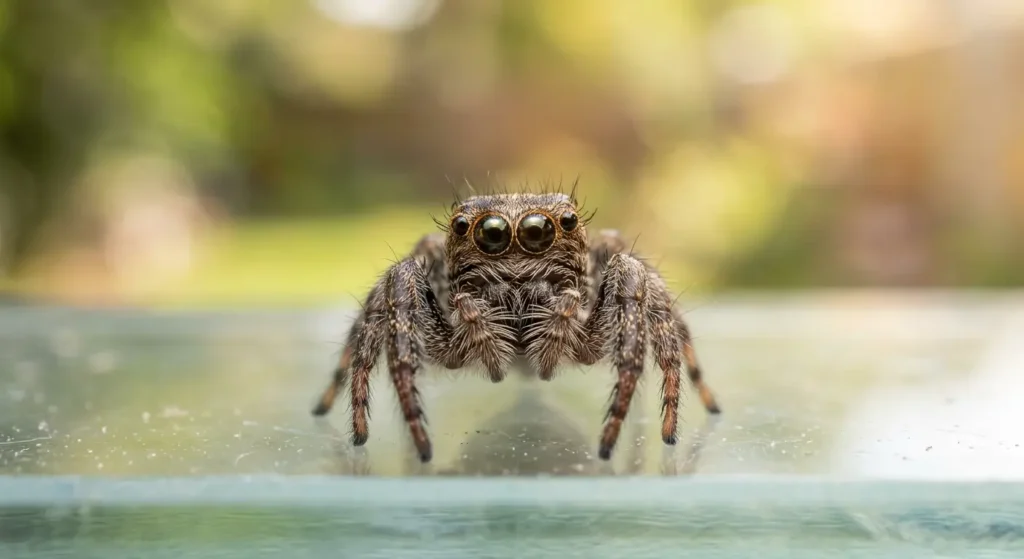 صورة مقربة واقعية لعنكبوت نطاط يظهر عيونه الكبيرة المميزة وجسمه الممتلئ على سطح زجاجي
